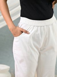 Women's White Regular Fit Elastic Cotton Trouser