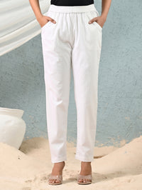 Women's White Regular Fit Elastic Cotton Trouser