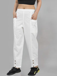 Womens White Side Pocket Pure Cotton Straight Cargo Pant