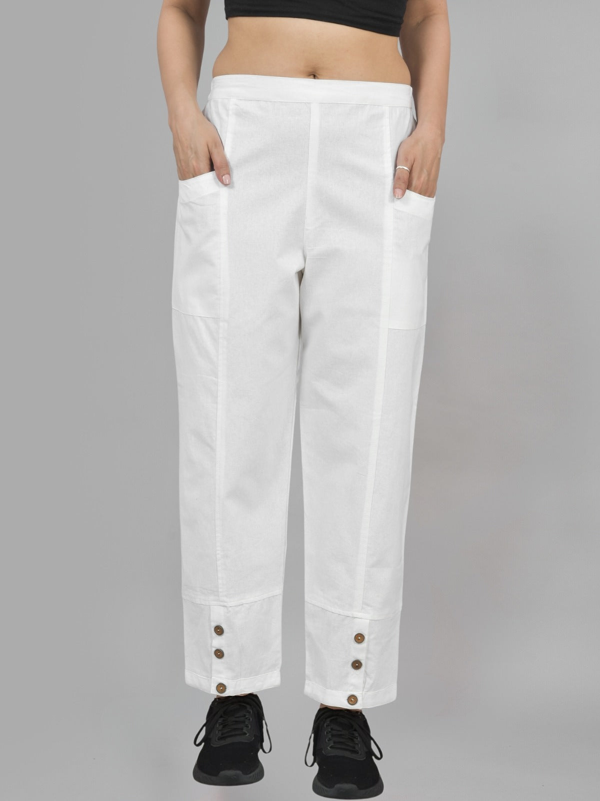 Combo Pack Of Womens White And Melange Grey Side Pocket Straight Cargo Pants