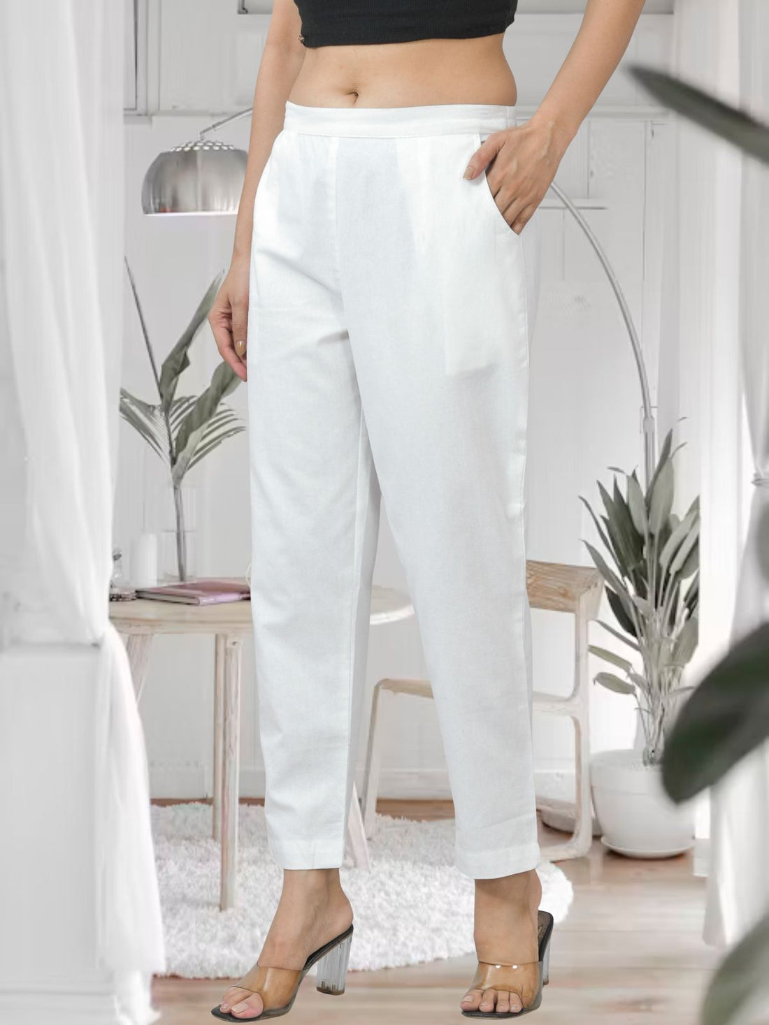 White Half Elastic Airy Linen Cotton Pants