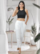 White Half Elastic Airy Linen Cotton Pants
