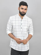 Quaclo Mens White Wide Check Cotton Short Kurta