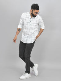 Quaclo Mens White Wide Check Cotton Short Kurta