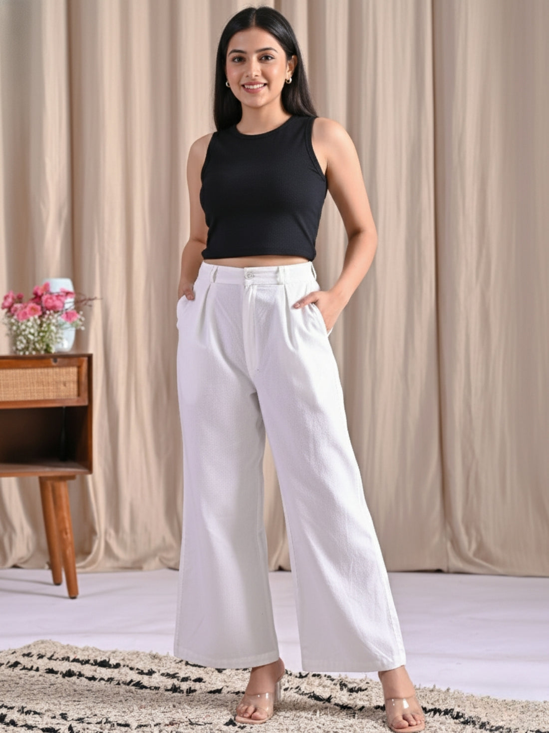 Pack Of 2 White And Wine Women Cotton Wide Leg Pants