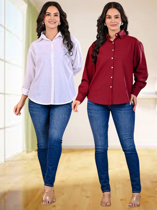 Pack Of 2 Womens White And Wine Cotton Loose Fit Shirt Combo