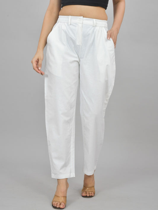 Womens White Regular Fit Cotton Formal Trouser