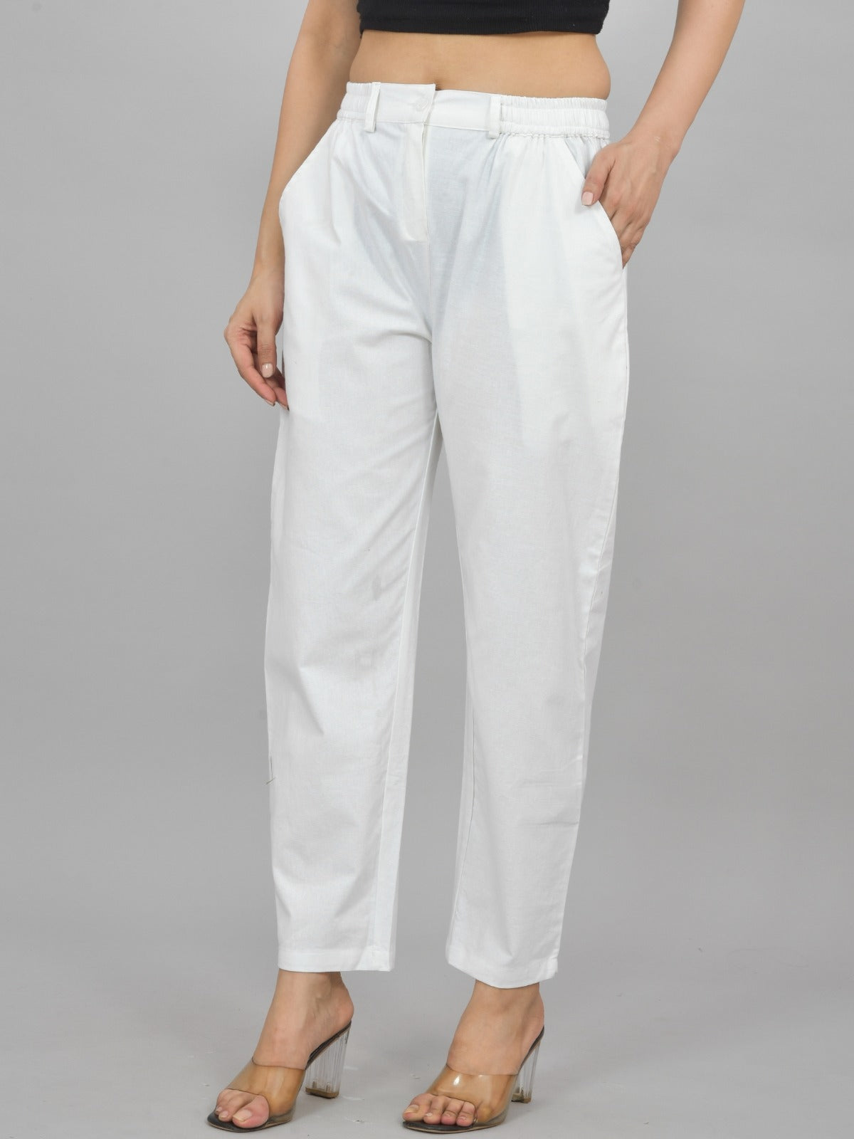 Womens White Regular Fit Cotton Formal Trouser