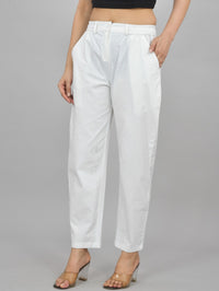 Womens White Regular Fit Cotton Formal Trouser