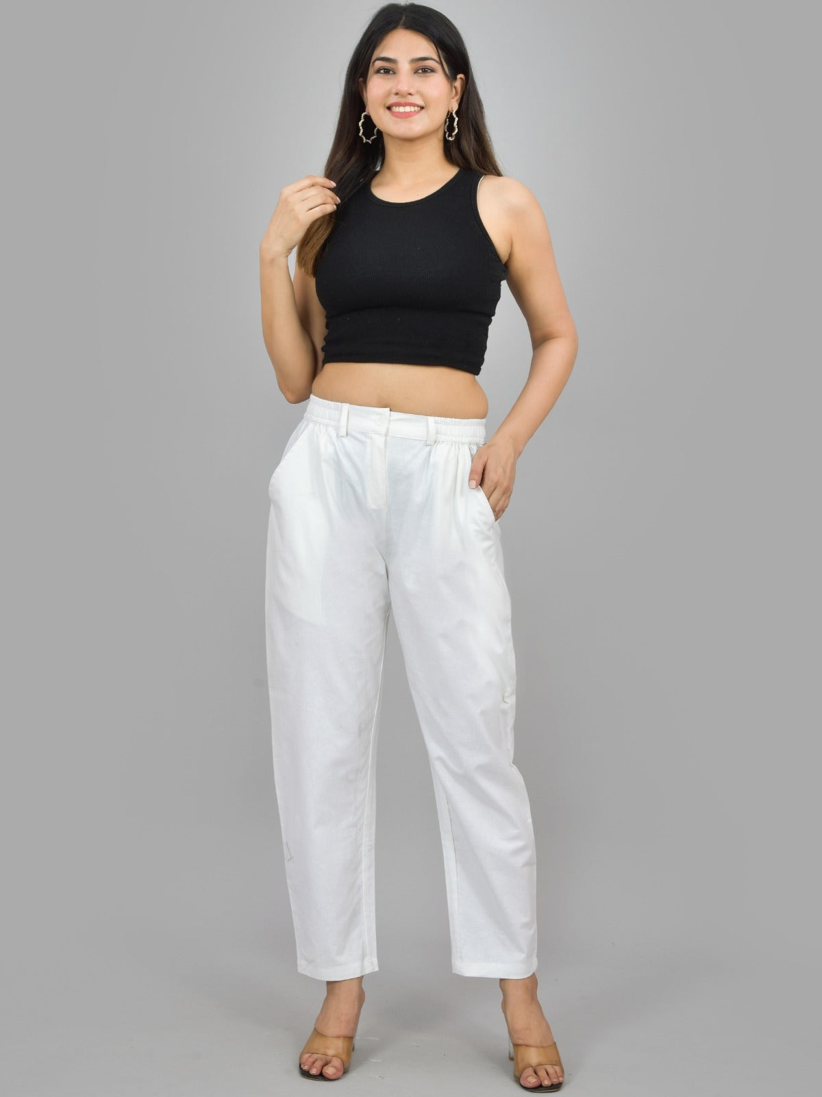 Womens White Regular Fit Cotton Formal Trouser