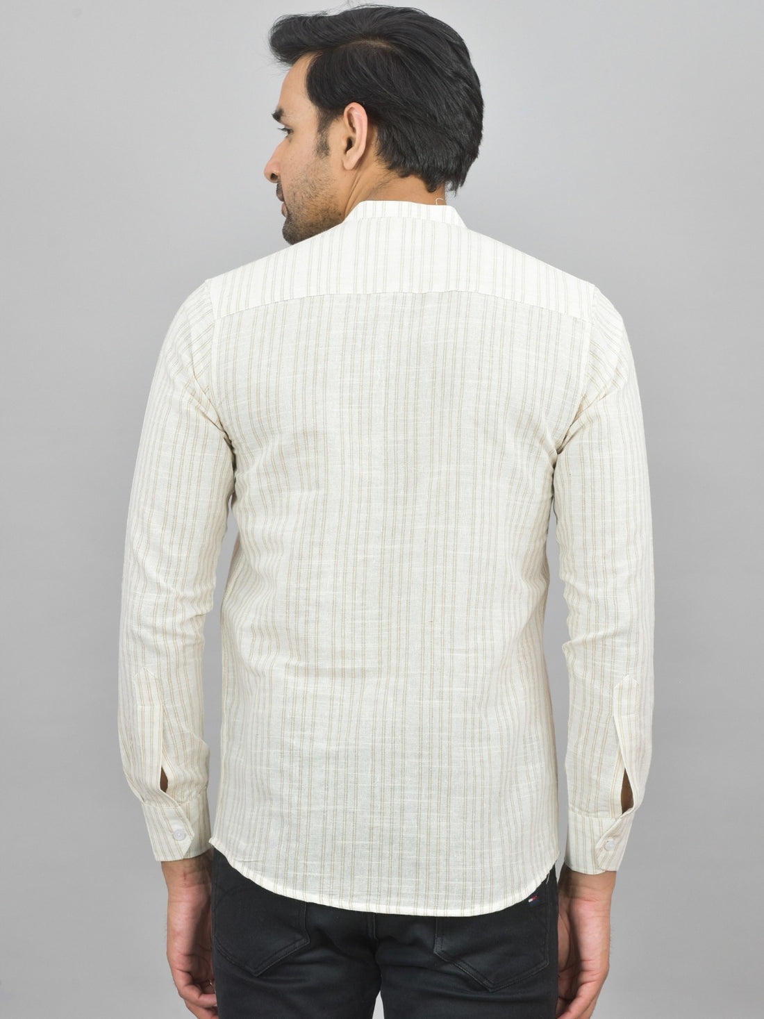 Regular Fit Light Brown Stripes Linen Slub Short Kurta