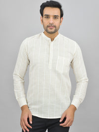 Pack Of 2 Mens Brown And Grey Stripe Linen Slub Short Kurta