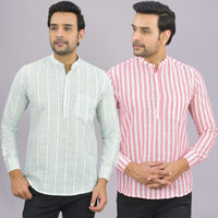 Pack Of 2 Mens Brown And Grey Stripe Linen Slub Short Kurta