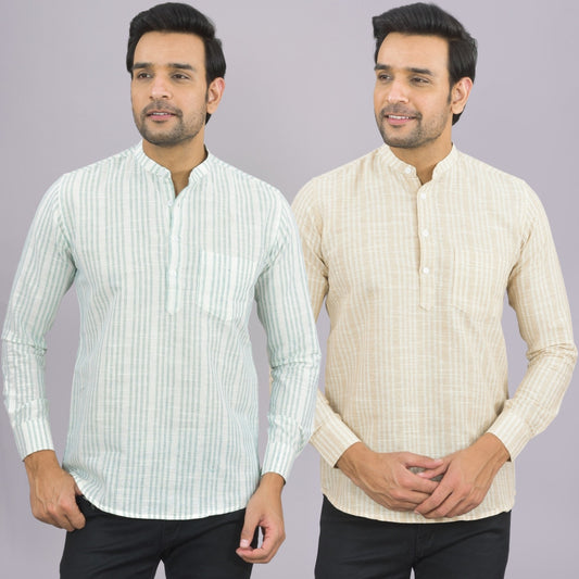 Pack Of 2 Mens Brown And Grey Stripe Linen Slub Short Kurta