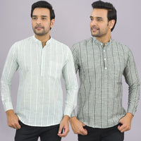 Pack Of 2 Mens Brown And Grey Stripe Linen Slub Short Kurta