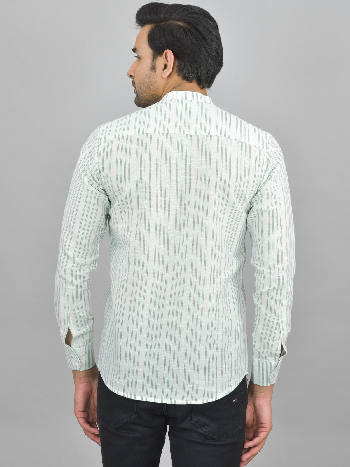 Mens Regular Fit Light Green Striped Linen Slub Short Kurta