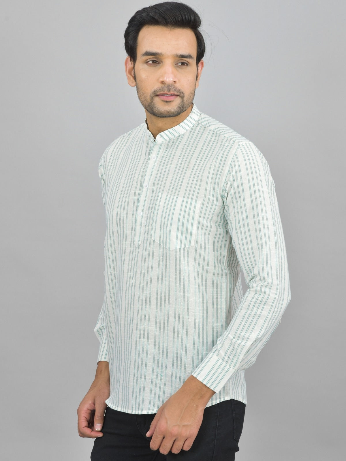 Mens Regular Fit Light Green Striped Linen Slub Short Kurta