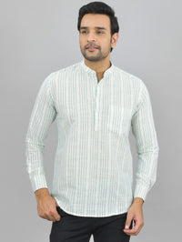 Mens Regular Fit Light Green Striped Linen Slub Short Kurta