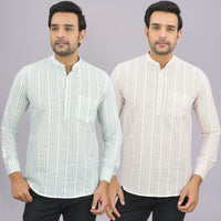 Pack Of 2 Mens Brown And Grey Stripe Linen Slub Short Kurta