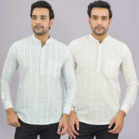 Pack Of 2 Mens Brown And Grey Stripe Linen Slub Short Kurta