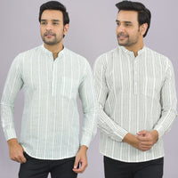 Pack Of 2 Mens Brown And Grey Stripe Linen Slub Short Kurta