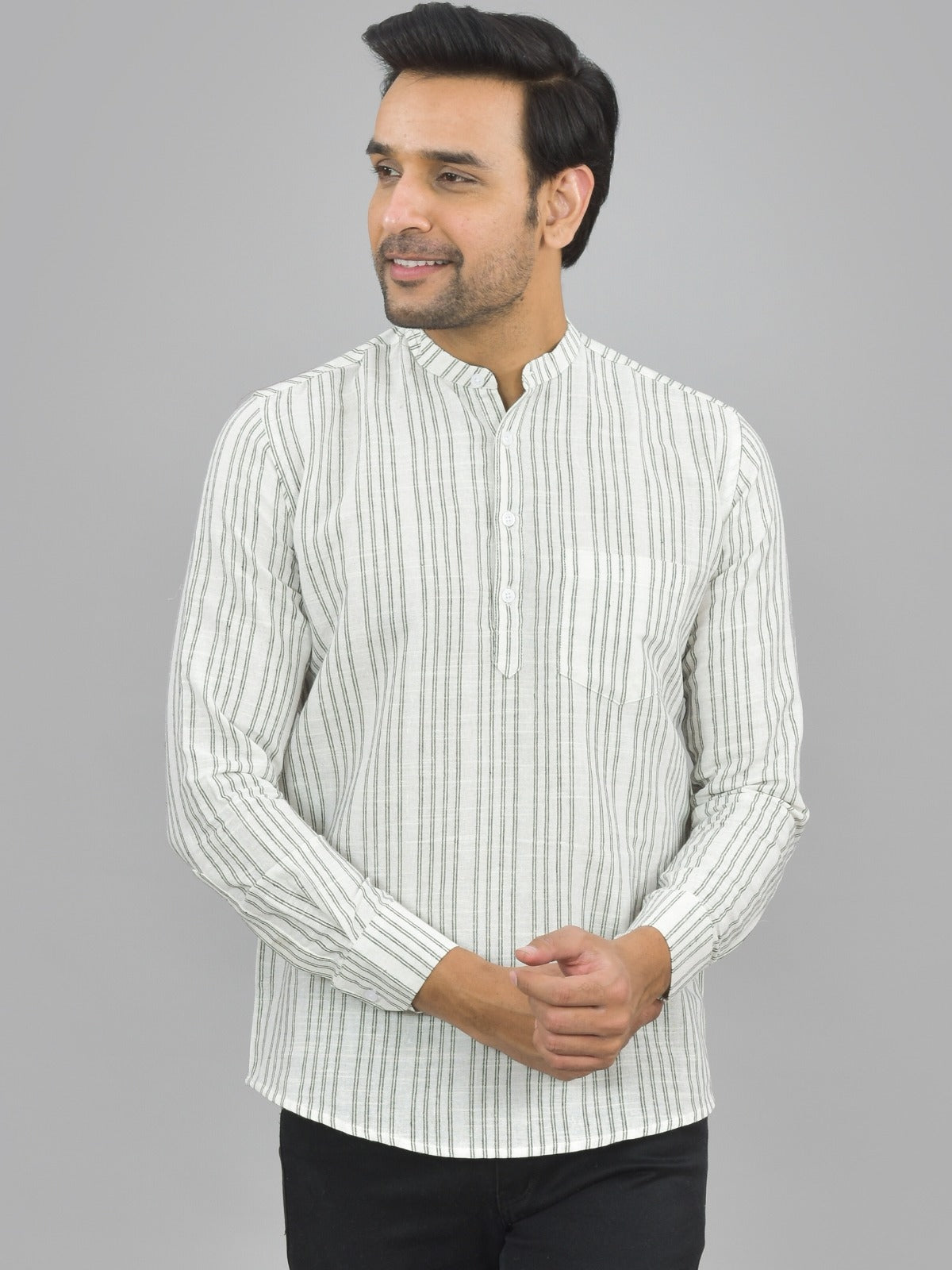 Mens Regular Fit Light Grey Striped Linen Slub Short Kurta