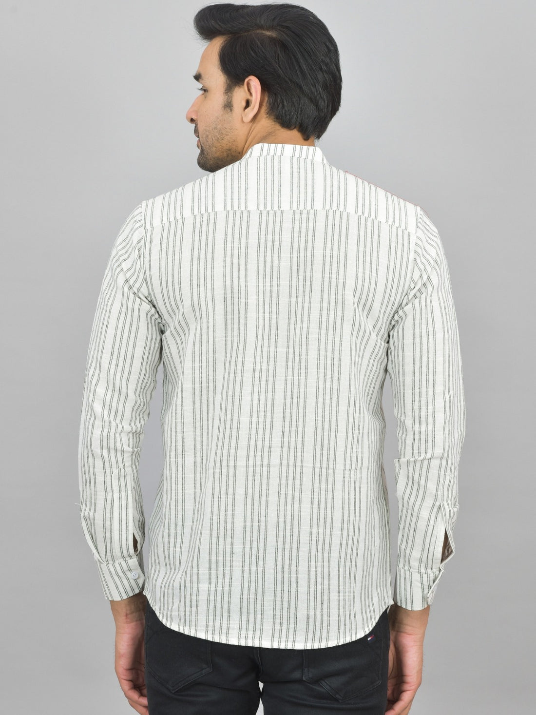 Regular Fit Light Grey Stripes Linen Slub Short Kurta
