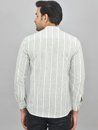 Mens Regular Fit Light Grey Striped Linen Slub Short Kurta