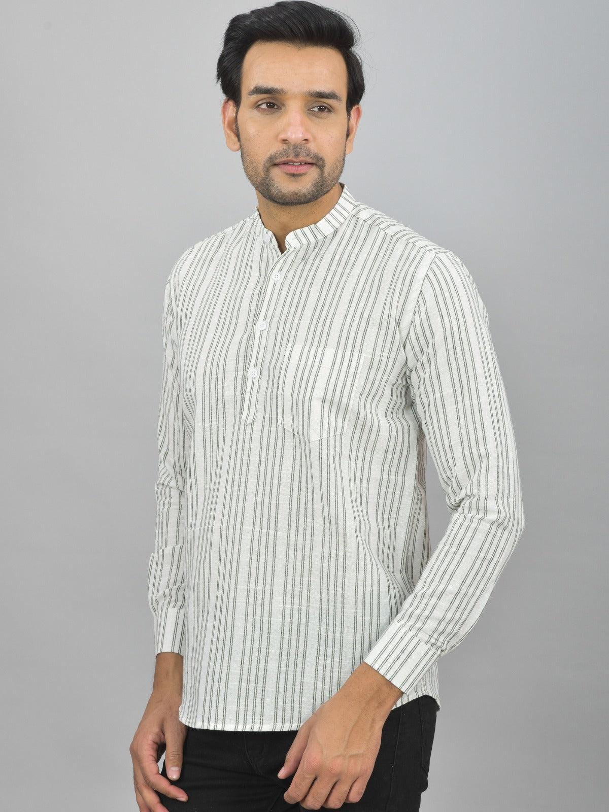 Mens Regular Fit Light Grey Striped Linen Slub Short Kurta