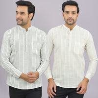 Pack Of 2 Mens Brown And Grey Stripe Linen Slub Short Kurta