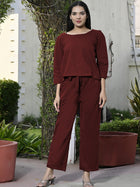 Womens Solid Wine Cotton Co-Ords Set