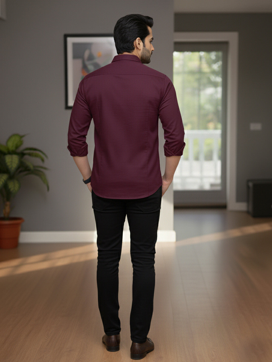 Mens Solid Wine Full Sleeve Cotton Blend Shirt