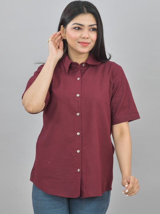 Women Solid Wine Half Sleeve Spread Collar Cotton Shirt