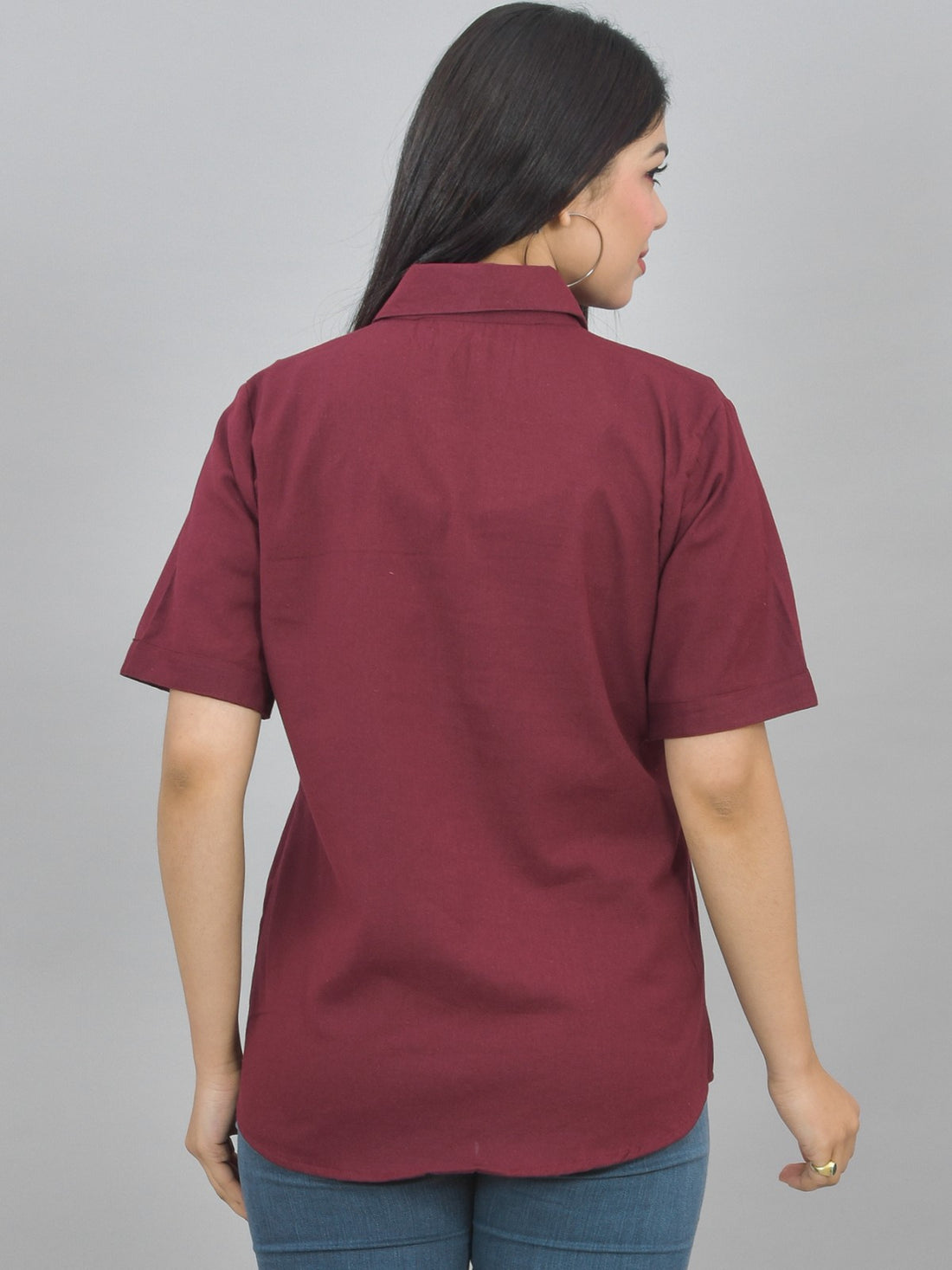 Women Solid Wine Half Sleeve Spread Collar Cotton Shirt