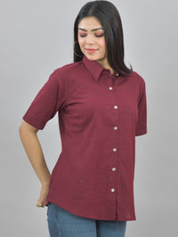 Women Solid Wine Half Sleeve Spread Collar Cotton Shirt