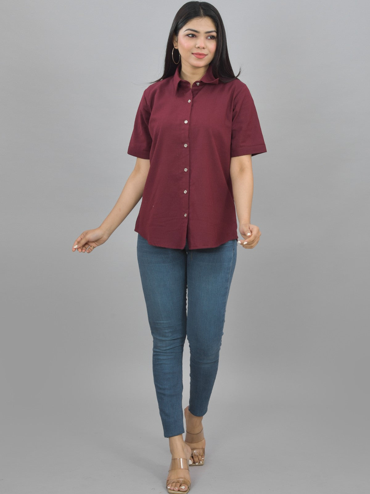 Pack Of 2 Womens Solid Brown And Wine Half Sleeve Cotton Shirts Combo