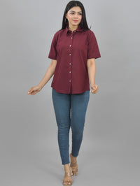 Pack Of 2 Womens Solid Mustard And Wine Half Sleeve Cotton Shirts Combo
