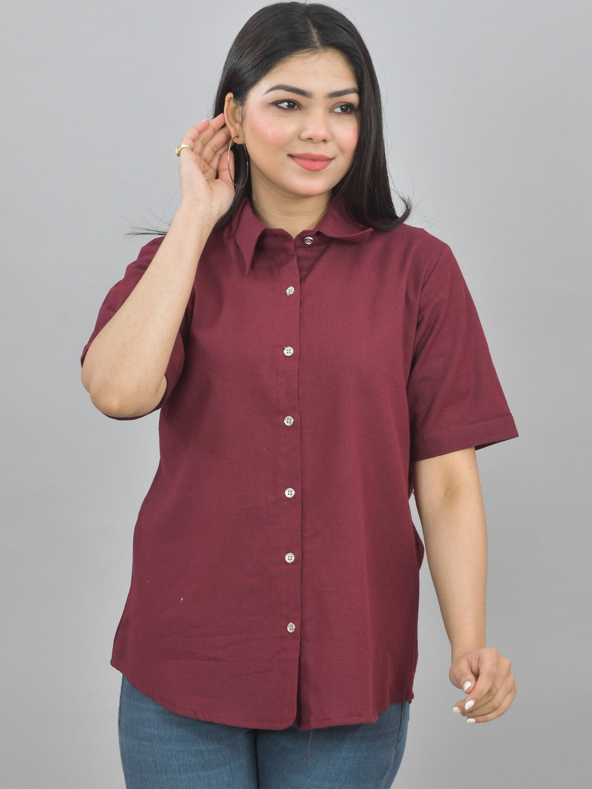 Pack Of 2 Womens Solid Black And Wine Half Sleeve Cotton Shirts Combo