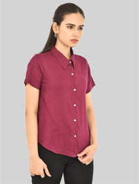 Womens Regular Fit Wine Half Sleeve Cotton Shirt