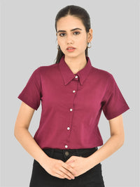 Womens Regular Fit Wine Half Sleeve Cotton Shirt