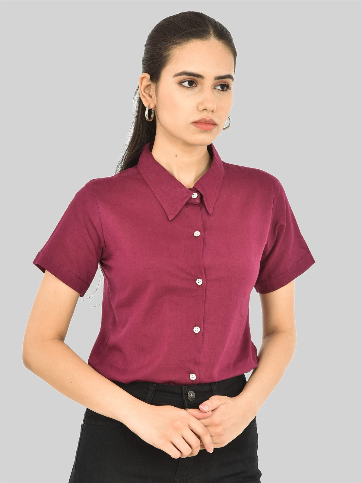 Womens Regular Fit Wine Half Sleeve Cotton Shirt