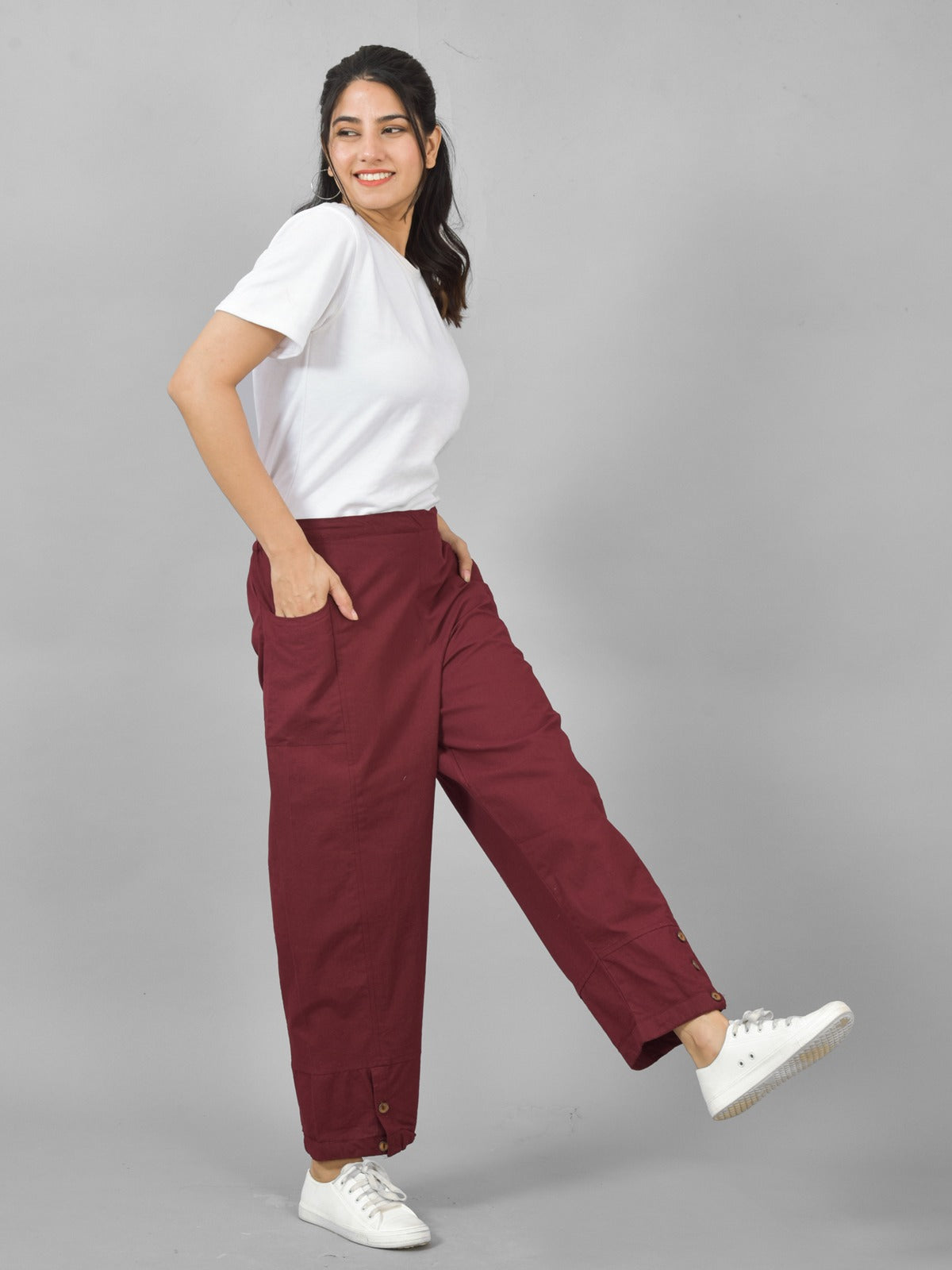 Combo Pack Of Womens White And Wine Side Pocket Straight Cargo Pants