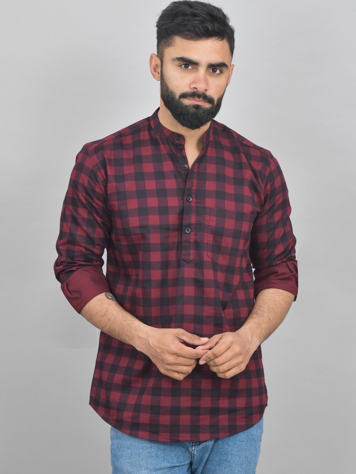 Quaclo Mens Wine Check Cotton Short Kurta