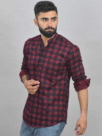 Quaclo Mens Wine Check Cotton Short Kurta