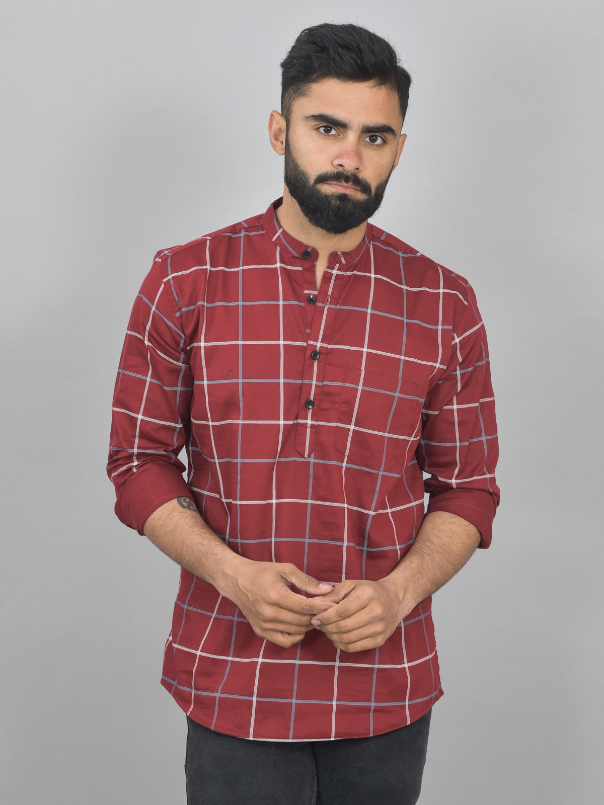 Pack Of 2 Mens Blue And Wine Wide Check Cotton Short Kurta Combo