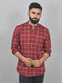 Pack Of 2 Mens Teal Blue And Wine Wide Check Cotton Short Kurta Combo