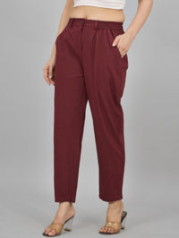 Womens Wine Regular Fit Cotton Formal Trouser