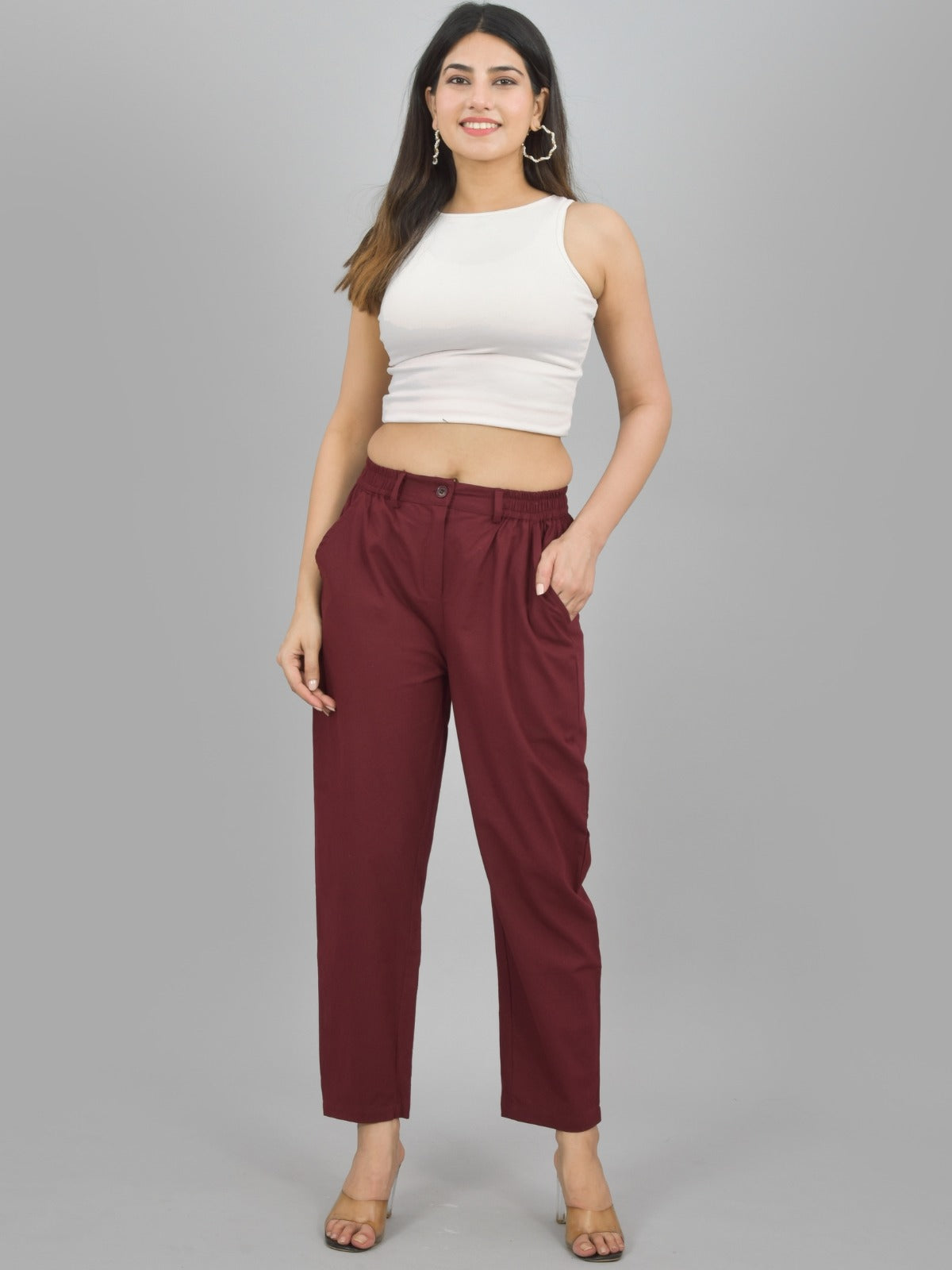 Womens Wine Regular Fit Cotton Formal Trouser