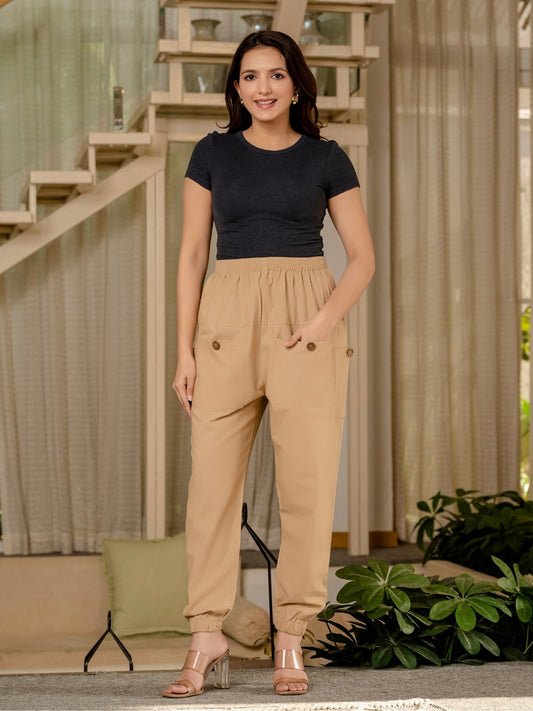 Quaclo Women's Beige Four Pocket Cotton Cargo Pants