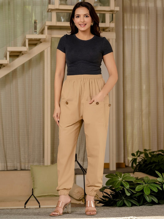 Quaclo Women's Beige Four Pocket Cotton Cargo Pants